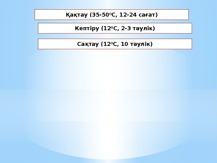 Қақтау (35 -50 0 С, 12 -24 сағат) Кептіру (12 0 С, 2 -3